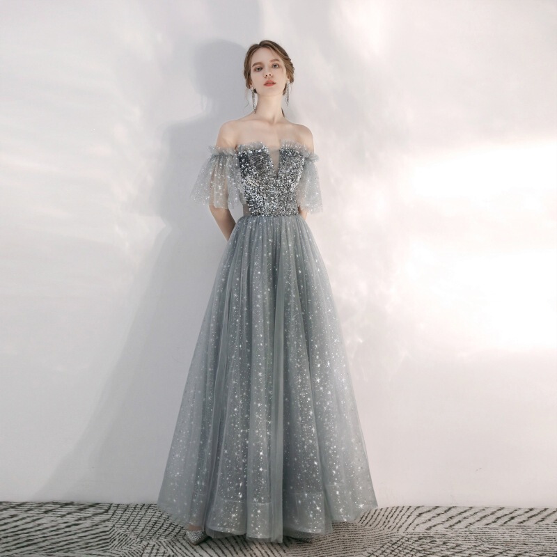 Evening Gown 2026 New Style Light Luxury Silver-Gray Off-Shoulder Long Dress with a Fairy-Like Elegance, Long Evening Dress