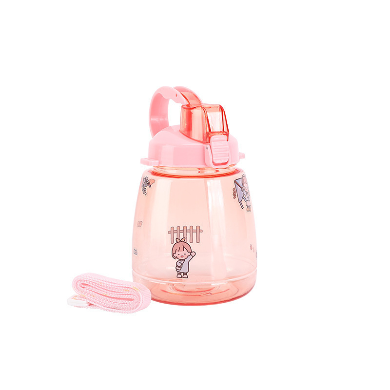 Gran capacidad de plástico de calidad alimentaria taza de agua portátil paja dibujos animados gran vientre taza con mango tapa elástica hervidor de agua para niños