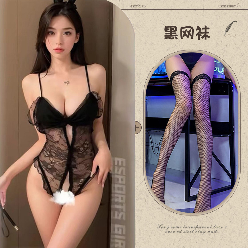 블랙[레이스 오픈 점프수트] + 블랙 망사스타킹