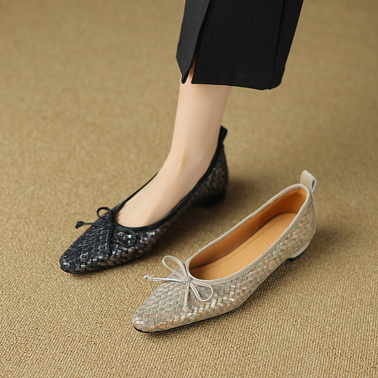 Giày lười nữ mũi vuông da bò thật phối nơ, gót thấp 2–3 cm, form miệng nông — Màu đen, Màu mơ