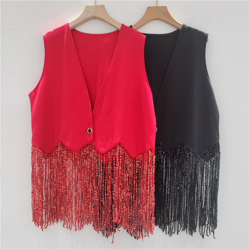 Chaleco de bordilla mujer 2025 otoño nuevo tipo de cuello en V bordilla perforación de un botón suelto chaqueta de hombro casual de moda image 1