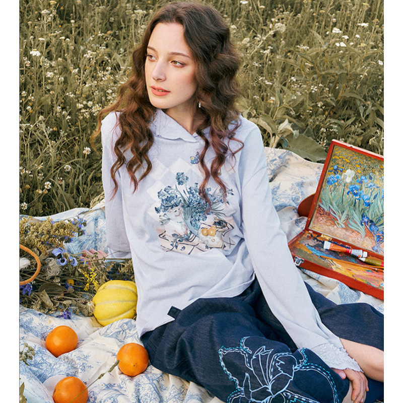 Van Gogh Artistic New Style Lace Patchwork Printed Hooded T-Shirt for Women Loose Fit
