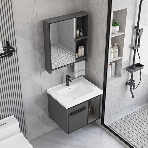 Wall-mounted luxury bathroom cabinet and sink combo, integrated ceramic washbasin, vanity countertop, mirror cabinet