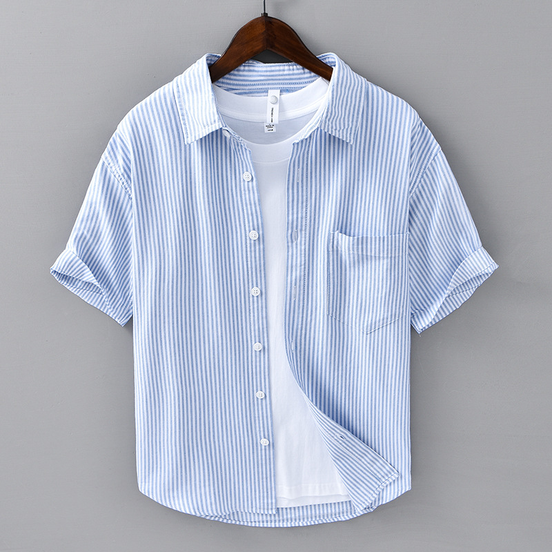 Summer Striped Short-sleeved Shirt Men's Loose All-match Casual Artistic Simple Pure Cotton Comfortable Shirt Men's Trendy C01