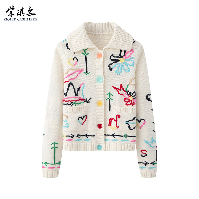 Cashmere Women's Lapel Hand-Embroidered Cardigan Produced in Ordos Ins Long-Sleeved Outwear Thickeneded Single-Breasted Knitwear Cashmere Women's Lapel Hand-Embroidered Cardigan Produced in Ordos Ins Long-Sleeved Outwear Thickeneded Single-Breasted Knitwear