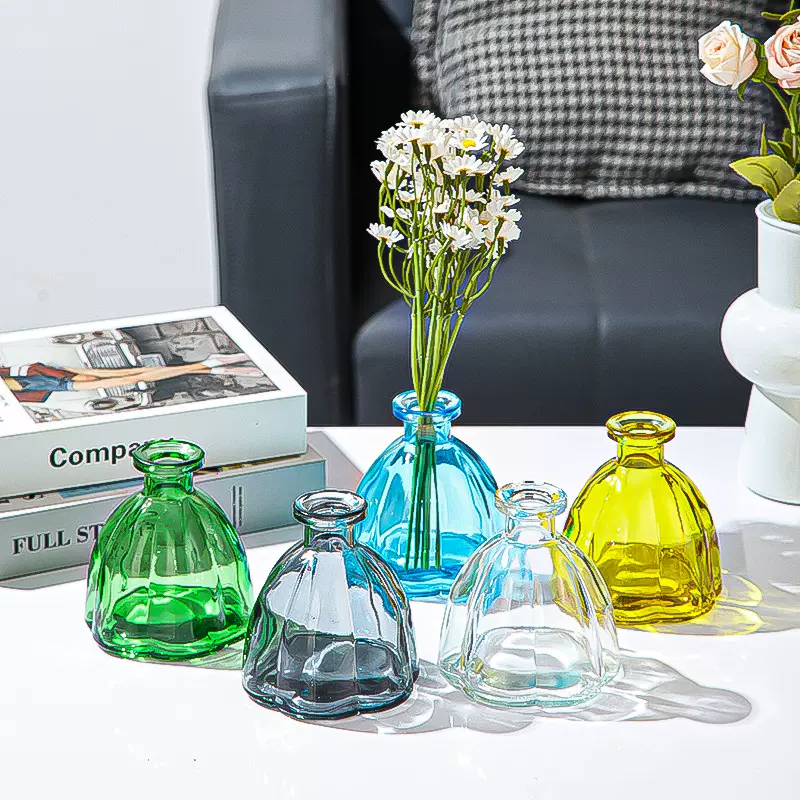 创意小口玻璃瓶小花瓶单只插花花器摆件透明彩色玻璃容器装饰