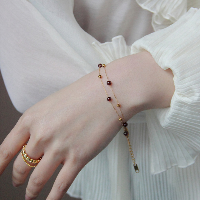 French-style elegant gold bead chain artificial Garnet wine red titanium steel bracelet jewelry for women