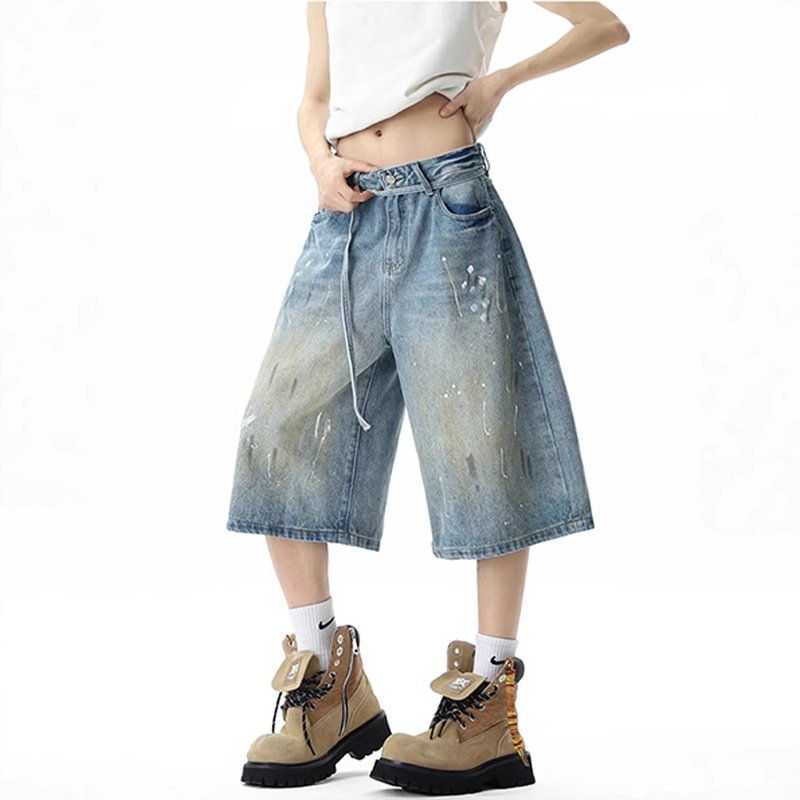 American-Style Design Ink-Splashed Cropped Pants for Men and Women, Summer Trendy Brand Cleanfit with Belt Decoration, Couple's Denim Mid-Length Pants