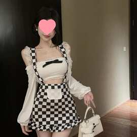 纯欲风甜辣妹棋盘格吊带连衣裙女春季性感蕾丝花边两件套包臀短裙