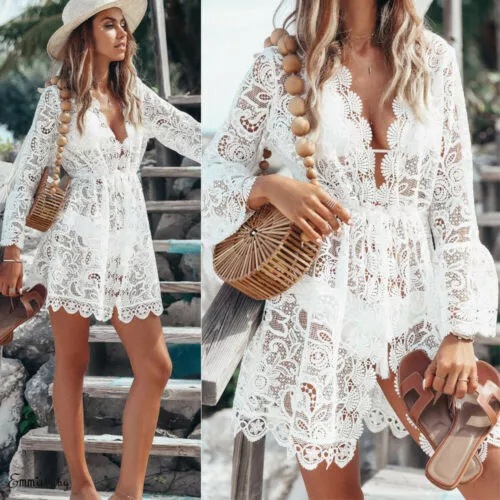 Cross-Border Amazon Export Bohemian Fresh Women's V Neck A-Line Skirt Beach Skirt Long-Sleeved Lace Dress