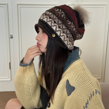 日系氛围感费尔岛复古提花针织帽卷边显脸小堆堆帽毛球包头冷帽潮