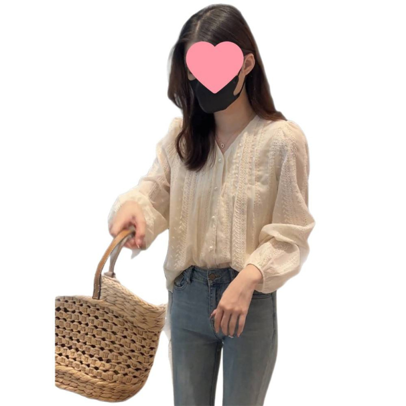 简约通勤设计感蕾丝长袖衬衫秋装女2025年新款刺绣小衫灯笼袖上衣|undefined