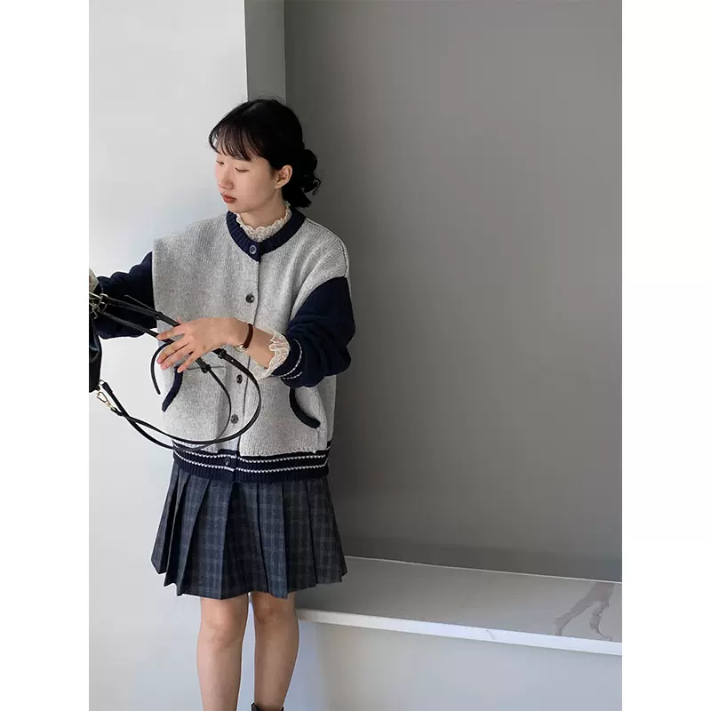 江左 继承者们～学院风棒球外套撞色设计款韩女穿搭保暖毛衣U1146