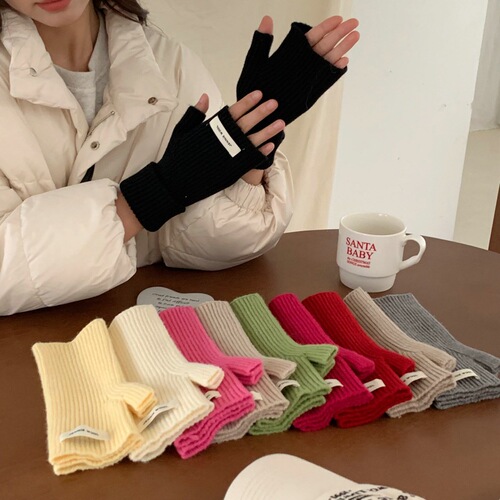 Autumn and winter new solid color half-finger wool gloves for women warm fingerless student gloves for women autumn and winter