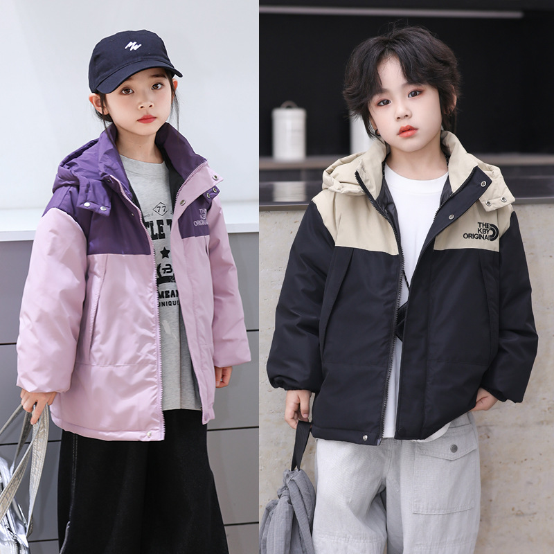 2025新款儿童羽绒服男童拼色加厚童装冲锋衣冬装女童洋气连帽外套