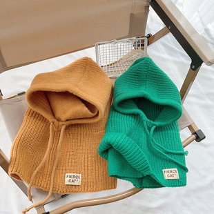 Korean style children's pullover solid color cloth label knitted hat baby autumn and winter warm wool hat boys and girls three-piece suit fashion