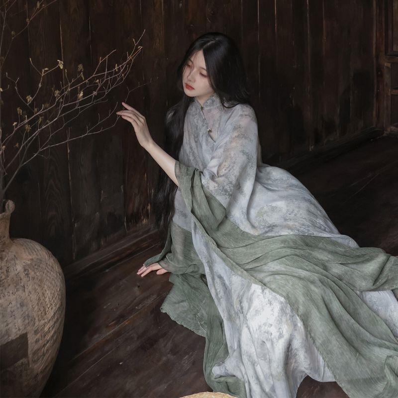 Silk and Bamboo Cool Chinese Style Split Sleeve Loose Elegant Cold Green Art Long Gown Improved Hanfu Cheongsam