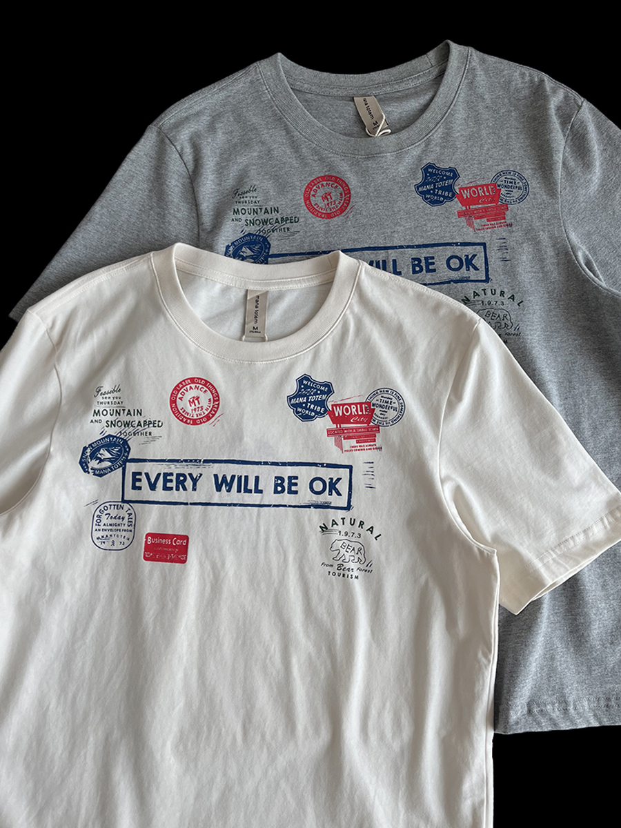 小众印花日单夏季复古水洗新款圆领短袖T恤碳素磨毛宽松休闲半袖t