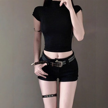 美式辣妹黑色紧身包臀牛仔超短裤女夏季小个子修身显瘦运动热裤子