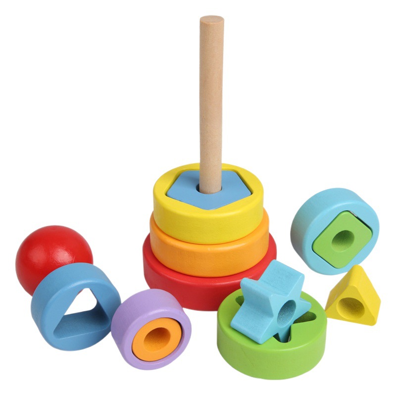 Torre de madera del arco iris Jenga color forma anillo a juego apilado columna en capas juguetes de educación temprana para niños
