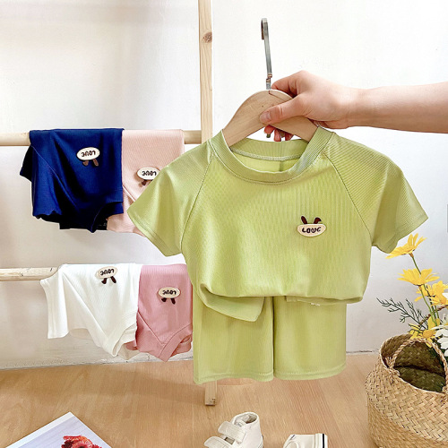 Summer children's ice silk short-sleeved shorts suit, girls' cotton air-conditioning clothes, boys' thin home clothes and children's clothes