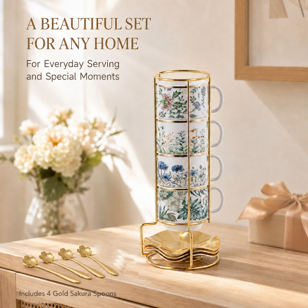 Juego de Tazas Apilables de Porcelana con Soporte para Hogar y Oficina image 11
