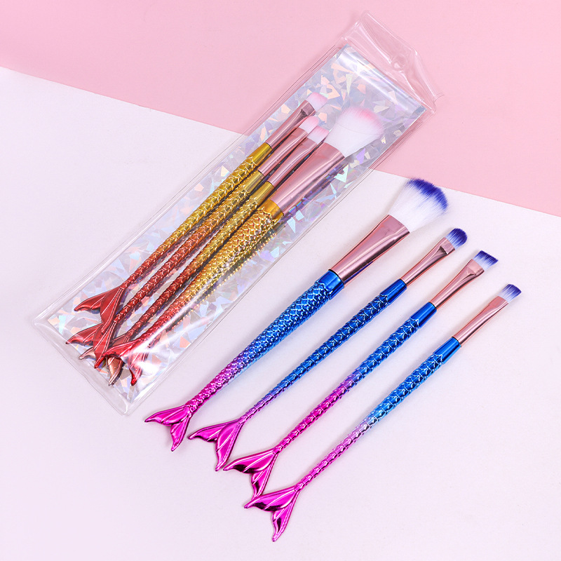 Set de brochas de maquillaje de sirena transfronterizo con color degradado para ojos, incluye brocha para polvos, brocha para sombras de ojos, brocha para cejas, brocha de maquillaje en forma de cola de pez.