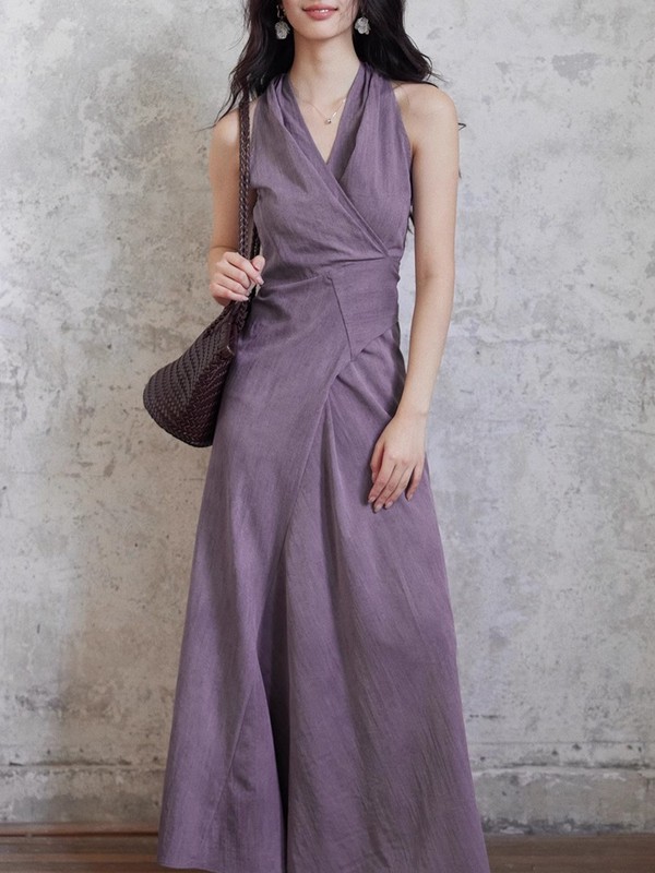 TYANG Er Yang Design [Qingwan] 気質パープル V ネックホルターネックロングスカート女性のストラップデザインドレス|undefined