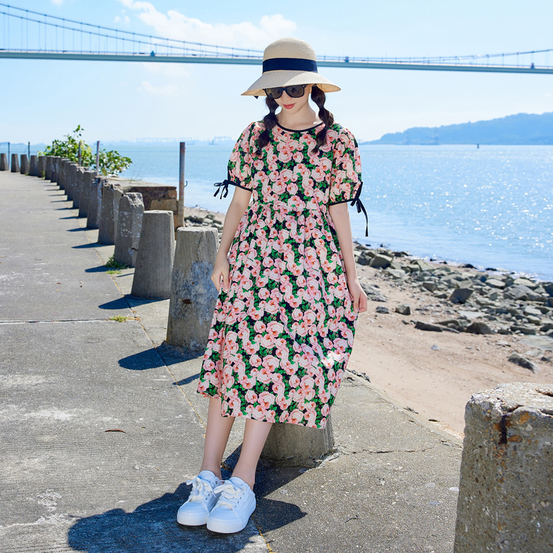 Vestido de niña Zhongda 2024 nuevo estilo estilo estilo occidental manga abullonada princesa falda larga niña falda de playa algodón puro verano