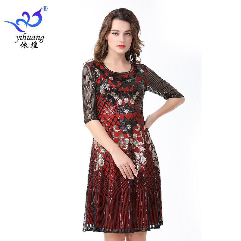 1920s vintage dress party dance dress sequins dress round neck A- line dress dress beaded dress