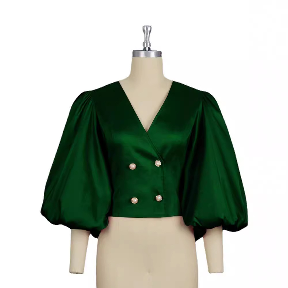 Am211114v collar linterna manga botón cardigan slim fit corto partido mujeres camisa superior Tops