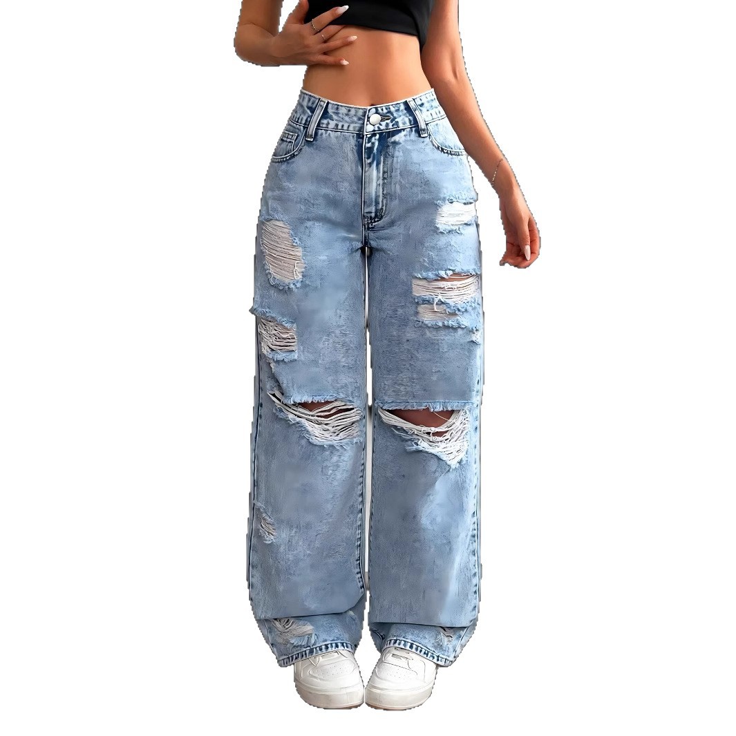 Women's Relaxed Fit Straight Leg Jeans - Vintage Washed Denim, Wide Leg Comfort, Street Style Casual Pants For Everyday Wear_ecoleips.com