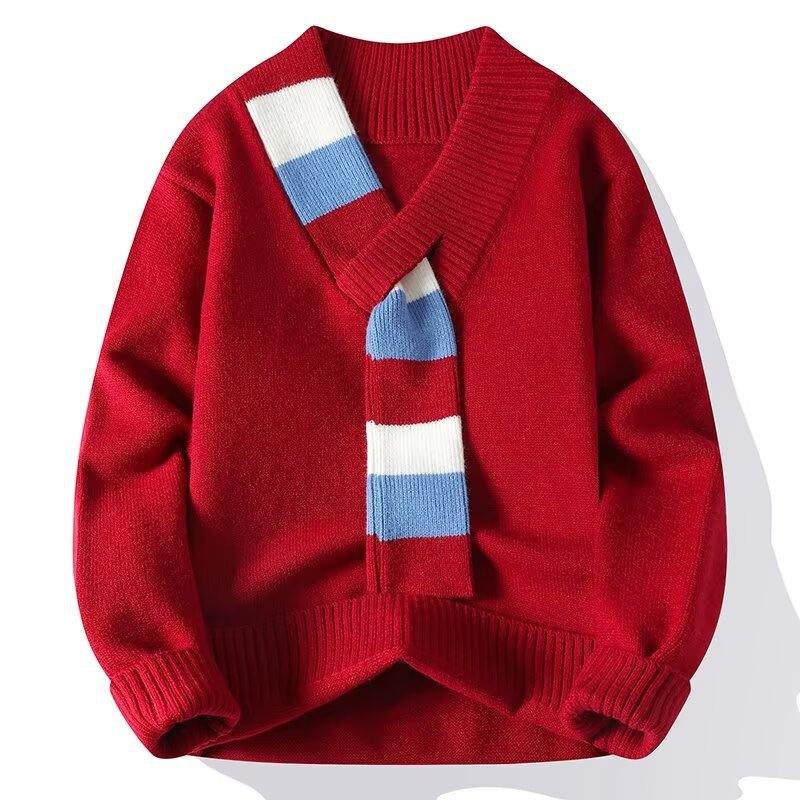 V-Neck Men's Sweater with a Unique Scarf, New Autumn and Winter Trendy Brand, Stylish Cross-Border Knitwear for Teenagers and Students, Warm