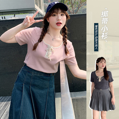 微胖mm純欲風甜辣t恤夏季大碼女裝高腰綁帶U領短款小衫上衣62424