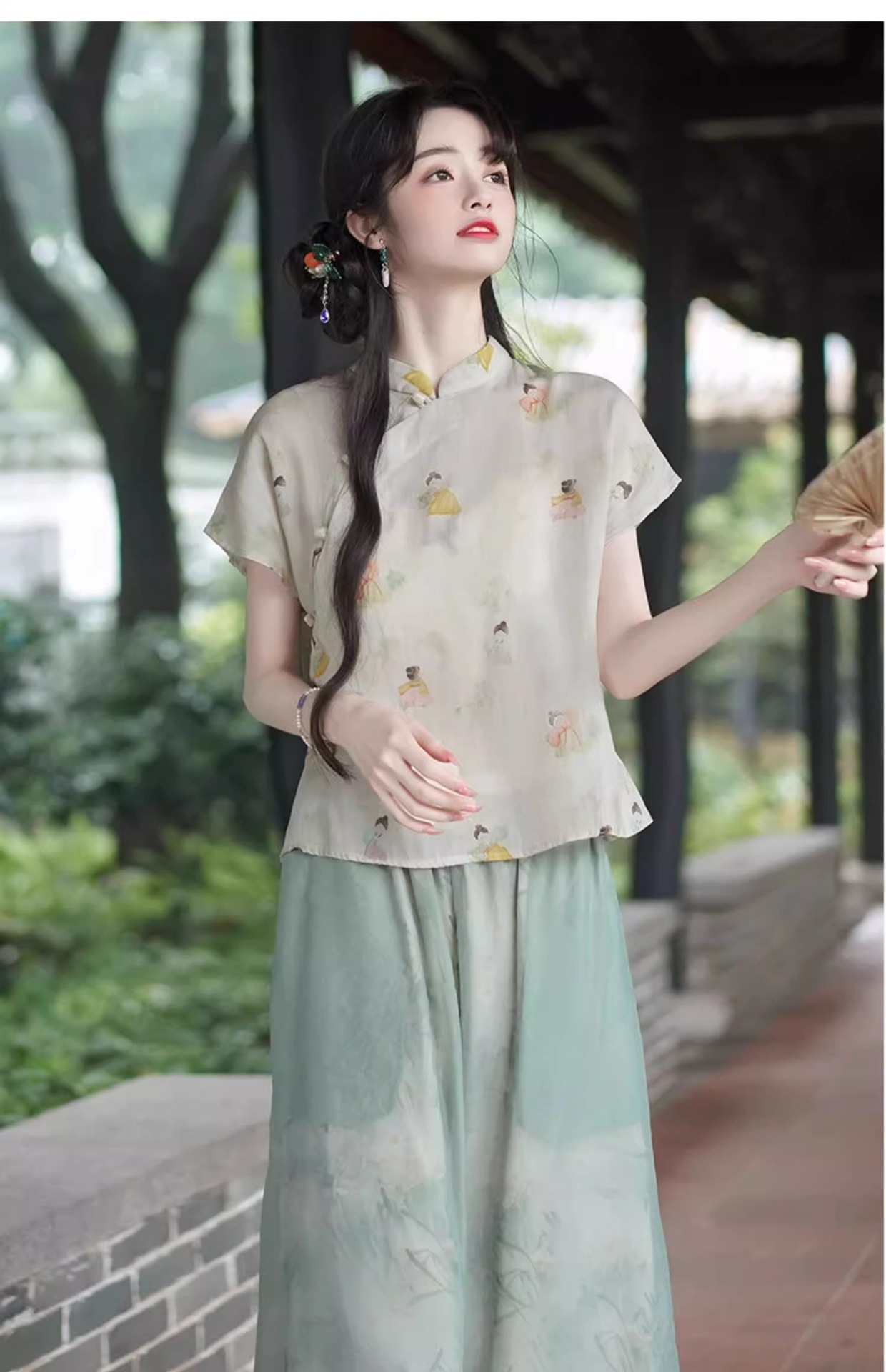 Áo sơ mi in hoa cổ điển kiểu Trung Quốc mùa hè, cổ đứng, tay ngắn, phong cách quốc phong — Áo chi tiết 21