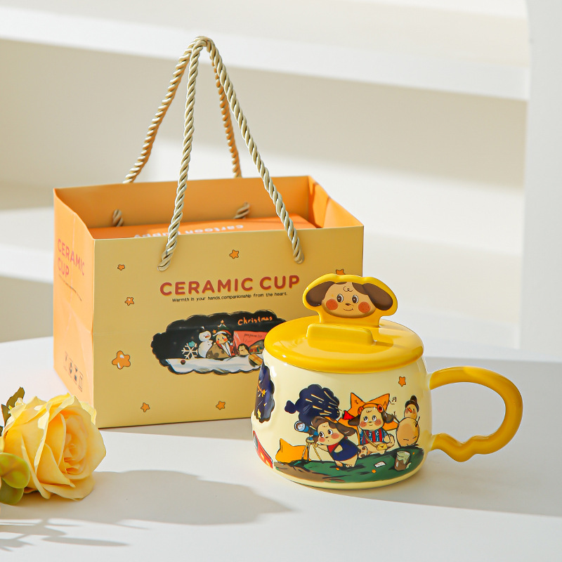 Taza de cerámica de dibujos animados creativos con soporte de teléfono móvil cubierta de taza de agua de oficina casera caja de regalo de alto valor pintada a mano taza de viento