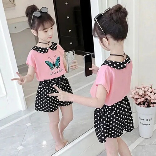 Girls' suits, summer clothes, new Korean style sports suits for primary and secondary school students, little girls' fashionable beach shorts two-piece set