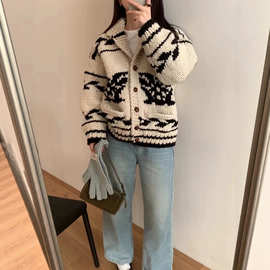 费尔岛老鹰翻领毛衣外套女宽松外穿秋冬新款软糯加厚手打针织开衫