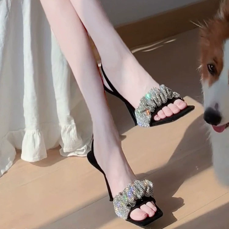 2023 Новый открытый носок с квадратной головкой и стразами на шпильке женская летняя верхняя одежда сексуальные сандалии на высоком каблуке женские