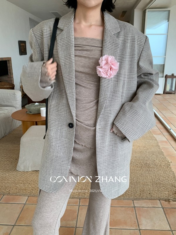 CZ ZHANG秋季法式通勤风花卉拼接廓形格子翻领小西装外套女B37092|undefined