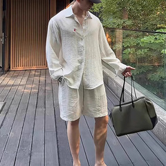 老钱风防晒亚麻套装男夏季小马标刺绣长袖衬衫宽松慵懒垂质感衬衣
