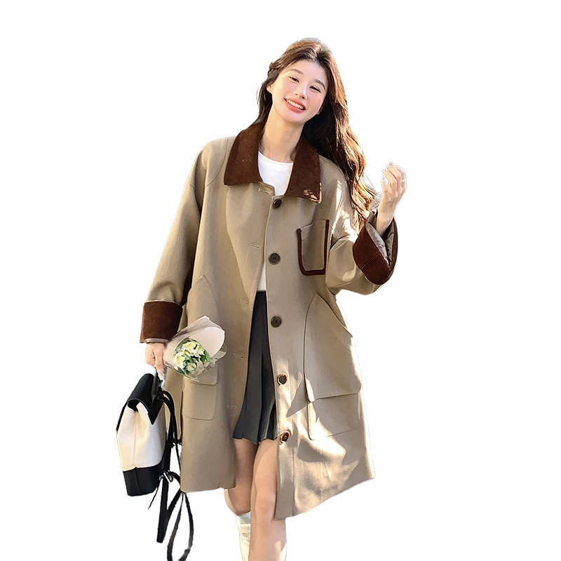 卡其色灯芯绒拼接风衣外套女2025秋季新款韩版宽松休闲中长款大衣|undefined
