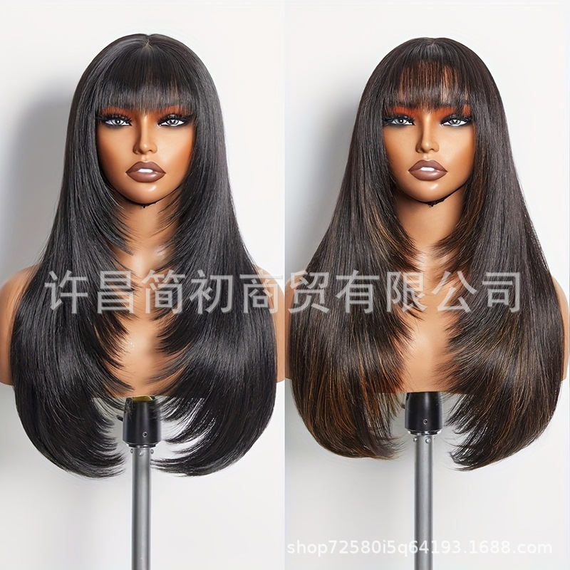ヨーロッパ、アメリカ、アフリカのクロスボーダーウィッグ女性用前髪付き黒ロングストレートヘア多層焼きヘッドギア許昌工場直販|undefined