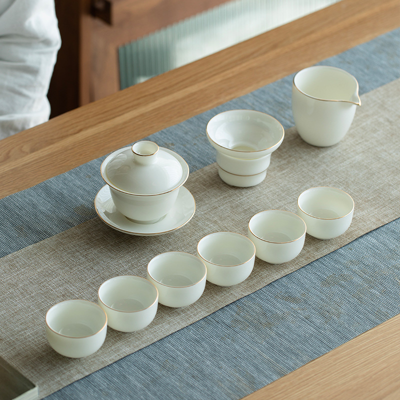Ceramic Gold-Trimmed sheep tallow jade tea set complete set of white whole Kongfu tea set gift box set business gift logo