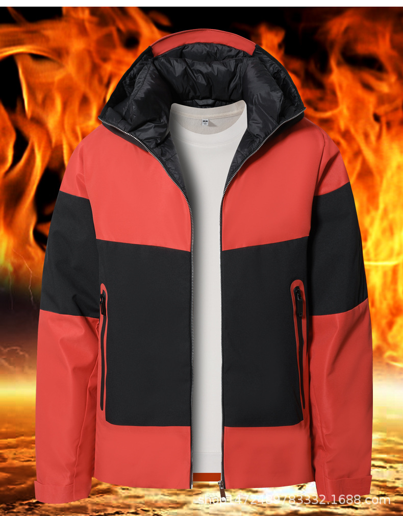Hombre transfronterizo invierno encapuchado chaqueta juvenil de color contrastante campamento al aire libre impermeable chaqueta de pareja