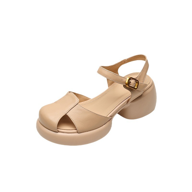 Sandal cao gót nữ bít mũi da cừu gót thô kiểu La Mã đế dày quai ngang — Màu trắng be