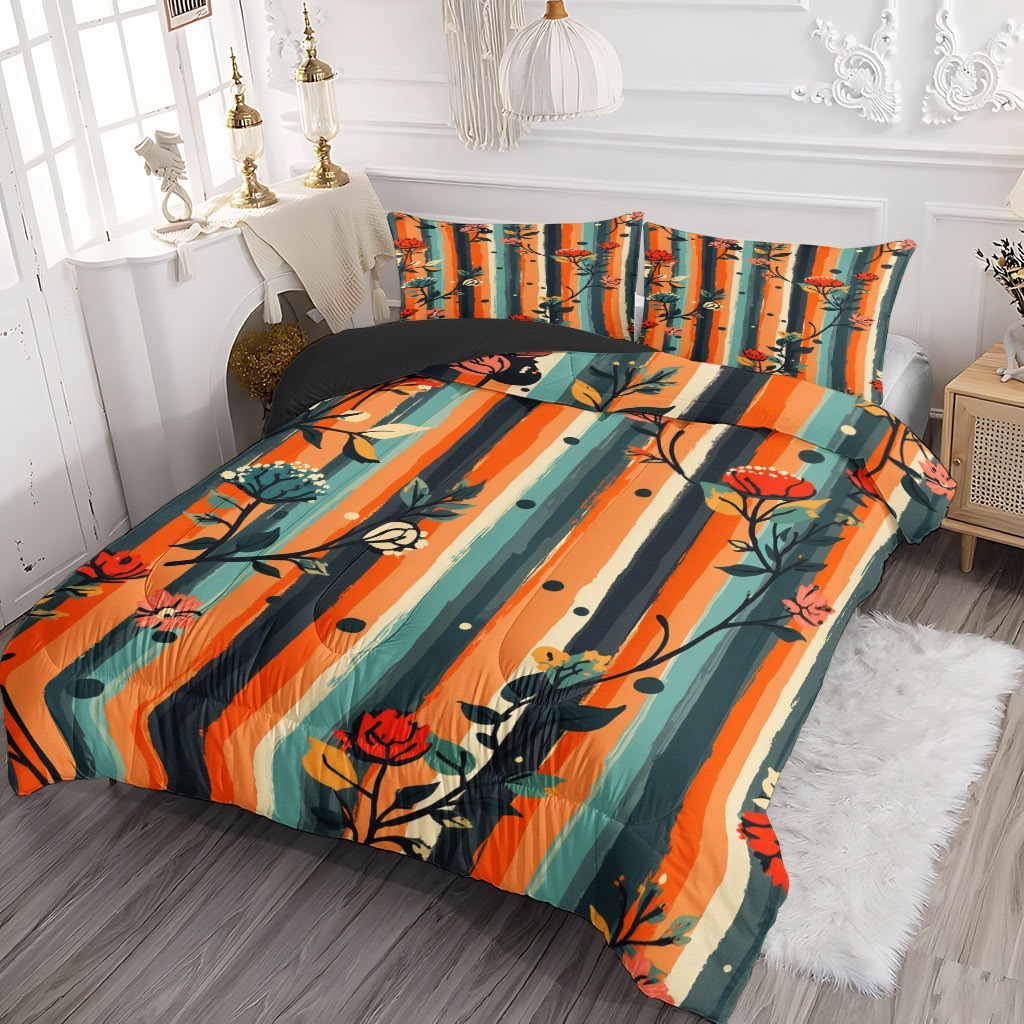 TEMU / JIT transfronterizo multicolor estriado floral HD impresión digital 180gms colcha colcha colchón kit