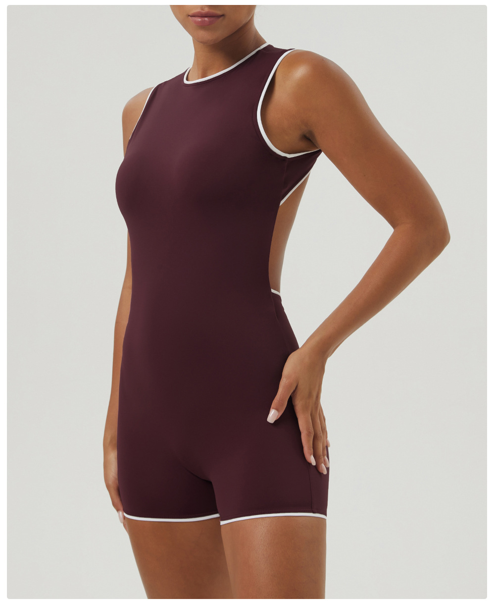 Color Matching Backless Sports One Piece Short Belt Chest Pad Skinny Hip Raise Yoga Clothes Sleeveless Leotard Women