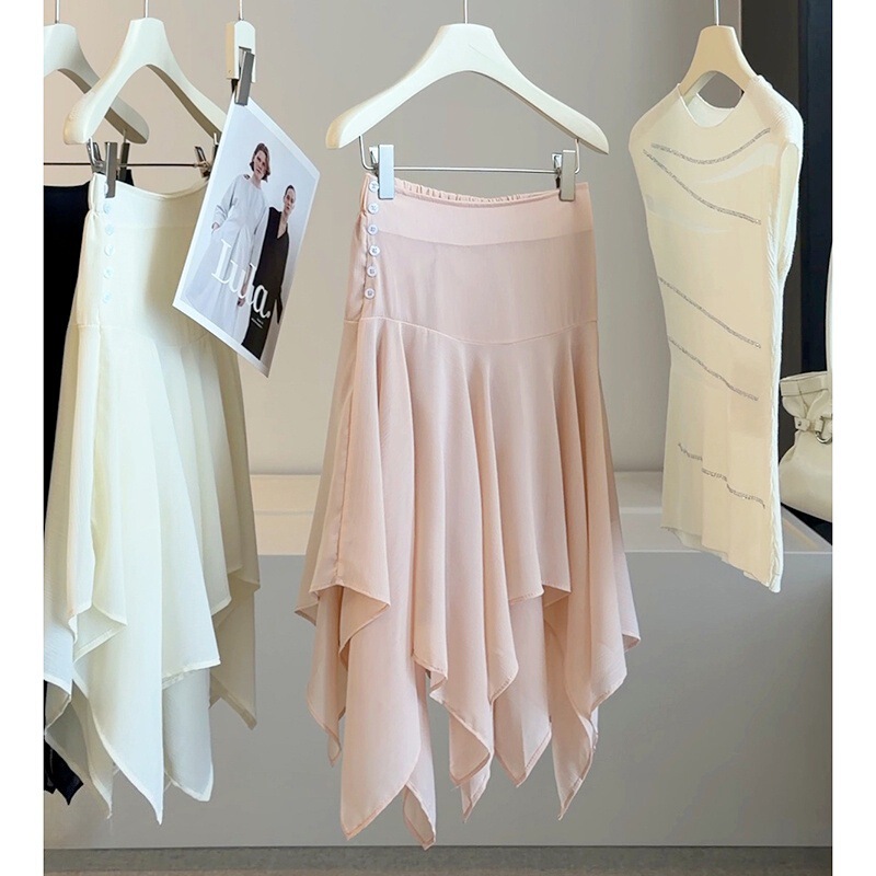 Pink Chiffon Skirt for Women in Summer, Irregular Ruffles, Versatile, Slimming, High-Waisted, Elegant A-Line Mid-Length Skirt Pink Chiffon Skirt for Women in Summer, Irregular Ruffles, Versatile, Slimming, High-Waisted, Elegant A-Line Mid-Length Skirt