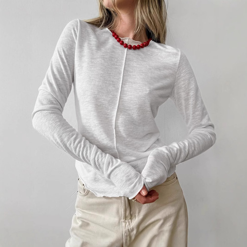 2025 autumn and winter European and American round-neck knitted bottomed shirt for women's simple fashionable splicing with white long-sleeved top for women's wear